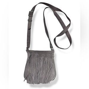 MINNETONKA Grey Suede Crossbody Fringe Flap Adjustable Strap